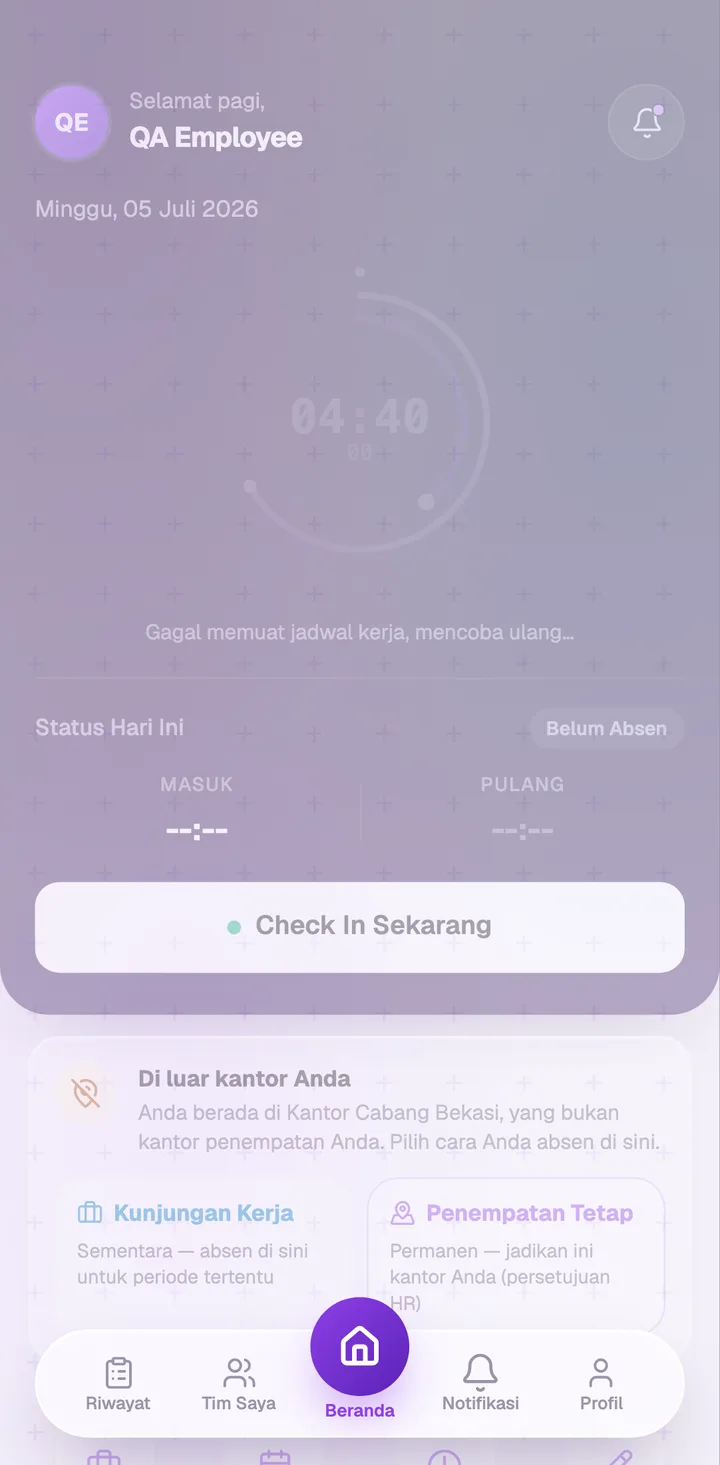 PWA absensi Dexova: halaman check-in dengan deteksi jarak ke kantor