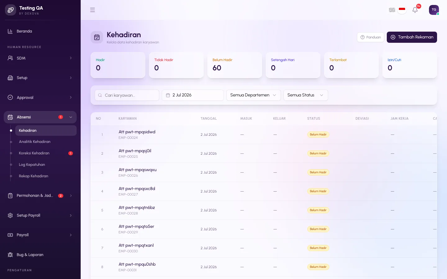 Halaman Attendance di dashboard admin Dexova dengan ringkasan hadir, absen, terlambat, dan cuti