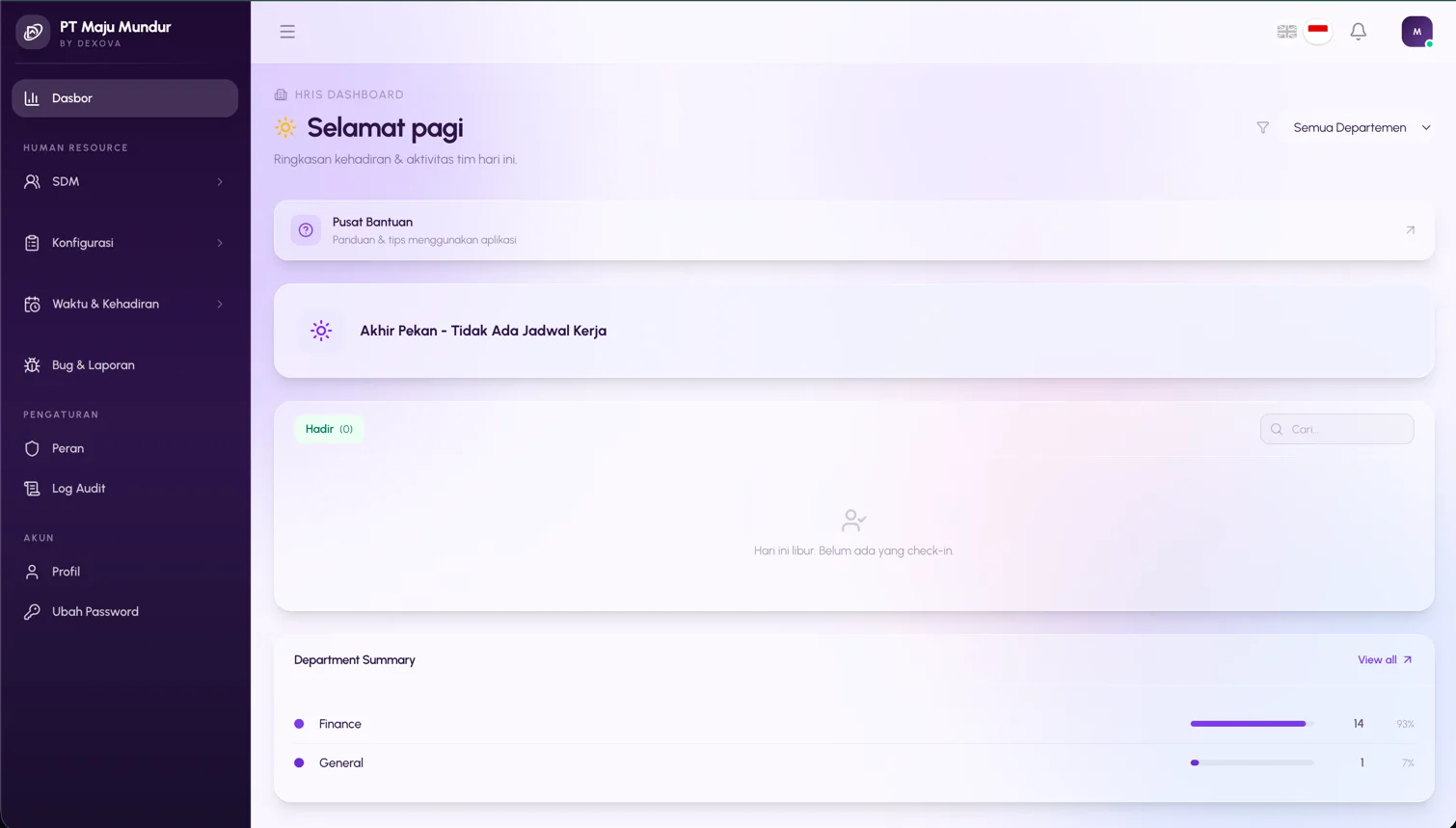 Dashboard admin HRIS Dexova dengan ringkasan kehadiran dan departemen