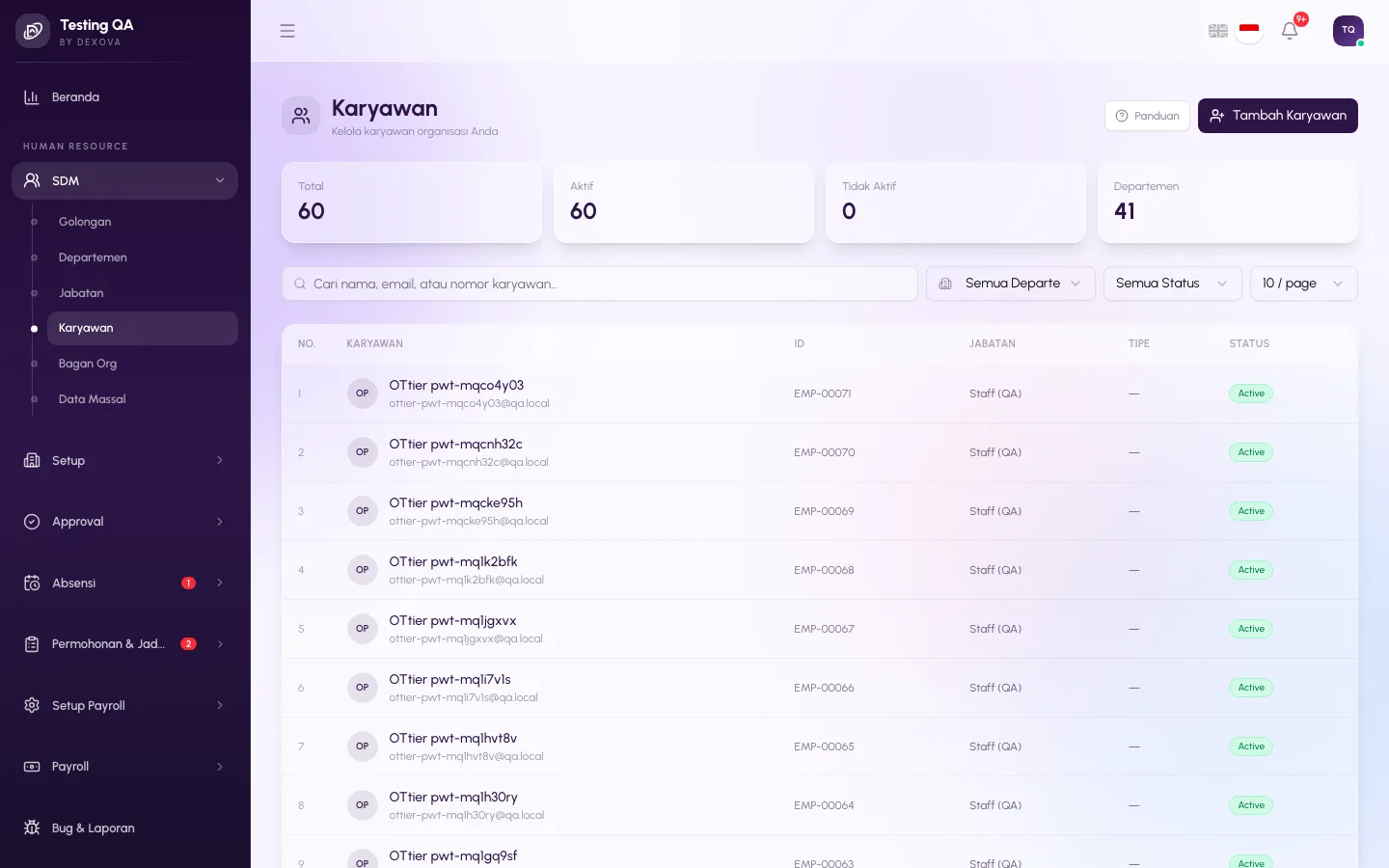Manajemen karyawan di dashboard Dexova: daftar karyawan dengan departemen dan jabatan