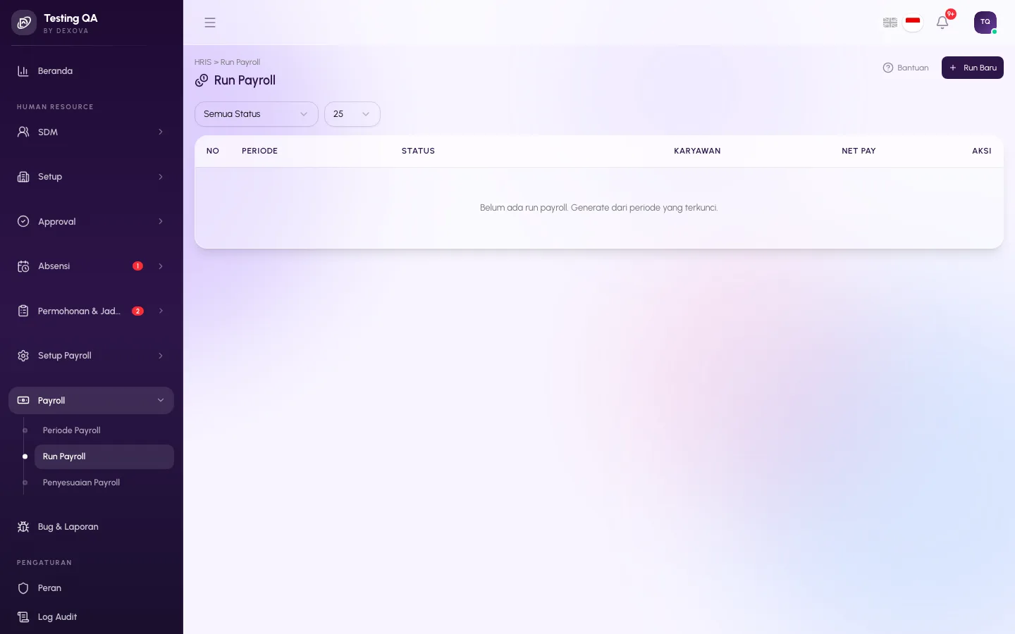 Halaman Run Payroll di dashboard Dexova: run digenerate dari periode yang terkunci