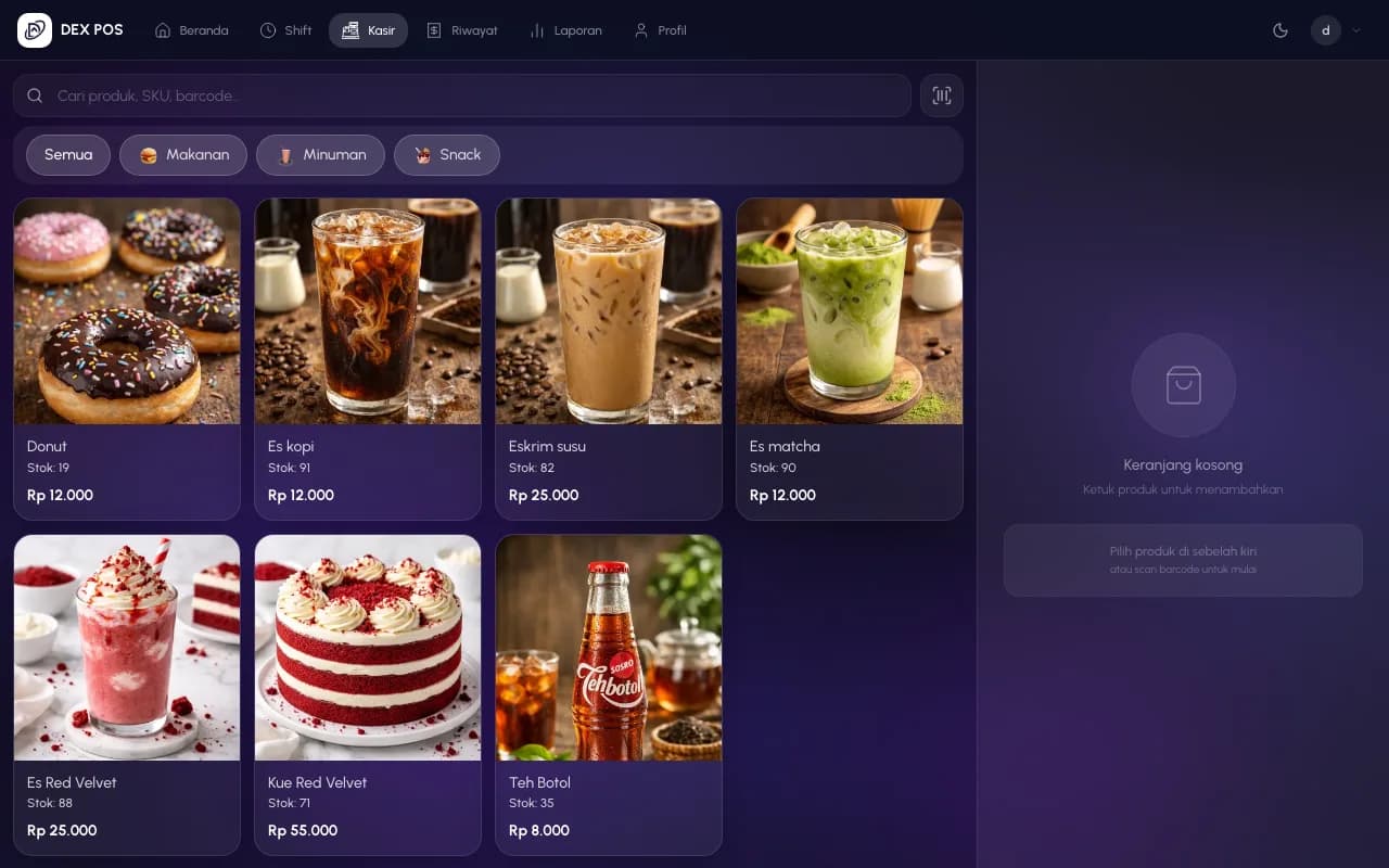 Jendela pembayaran Dexova POS dengan total, pajak, diskon, dan kode promo